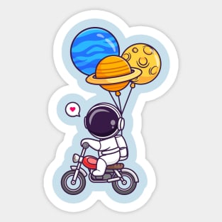 Cute Astronaut Riding Motorcycle With Planet Balloon Cartoon Sticker